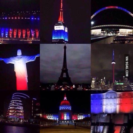 Famous landmarks lit up to support France. RESPECT - meme