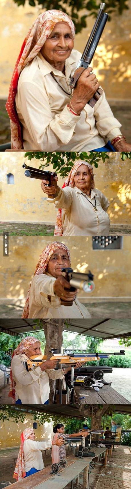 this indian gran mother 78 , happens to be the best sharpshooter in the world - meme