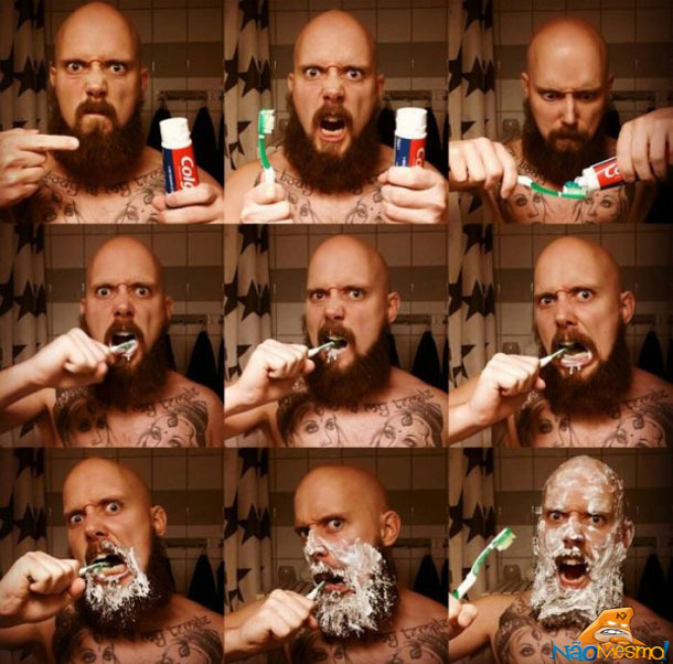 Homem escovando os dentes de verdade - meme