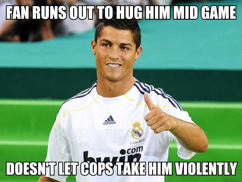 instead of the guy being tackled, he got walked off field. Good Guy Cristiano Ronaldo. hugged him back too! - meme