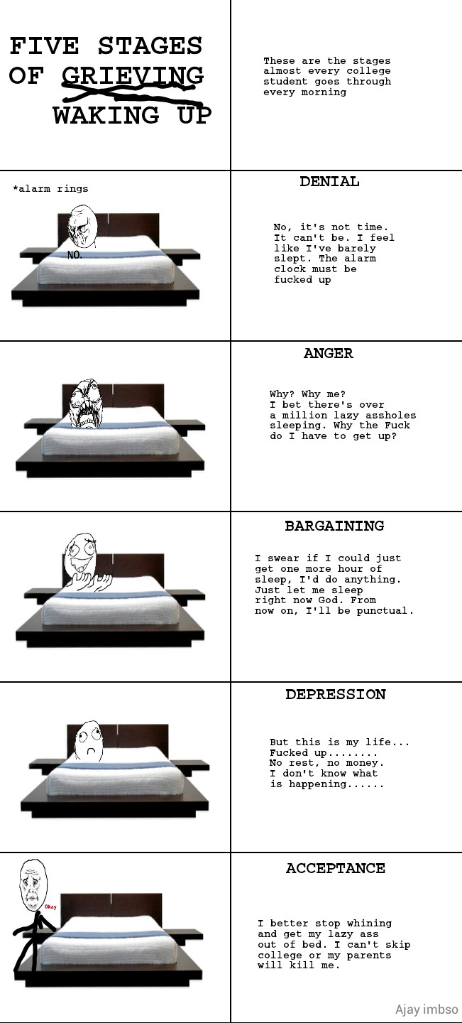 Five stages of 'waking up' - meme