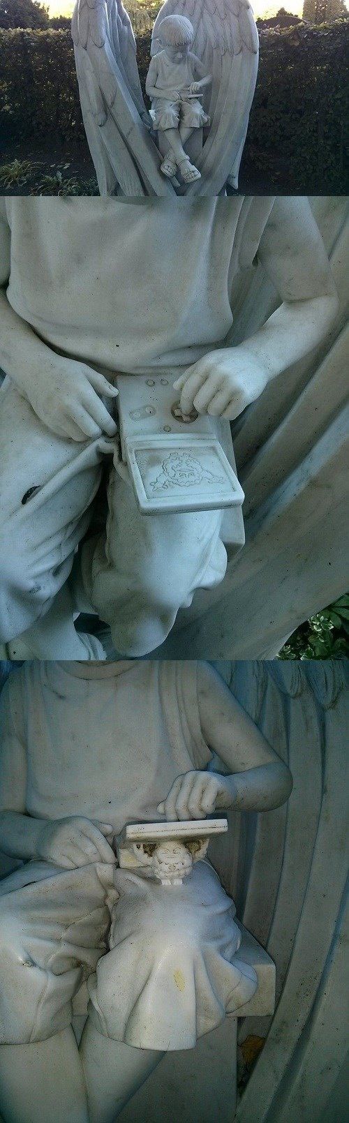 This is a tombstone in Lund, Sweden. It is there in the memory of a boy that died when he was 5 years old. I don't know anything else about the boy but I love this tombstone.  He must be catching shinies in the afterlife. - meme
