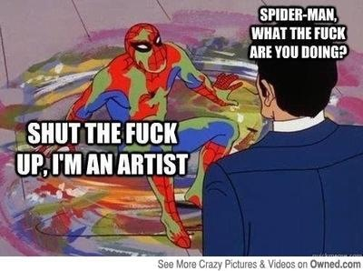 Spidey getting defensive over his art - meme