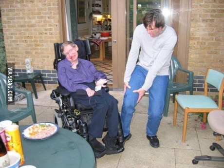 Stephen Hawking driving with his wheelchair over Jim Carrey's foot :D - meme