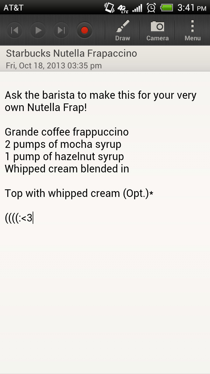 Nutella Frap!!!! If you don't enjoy Starbucks Coffee, you can make your own with the following ingrediants (: yw - meme