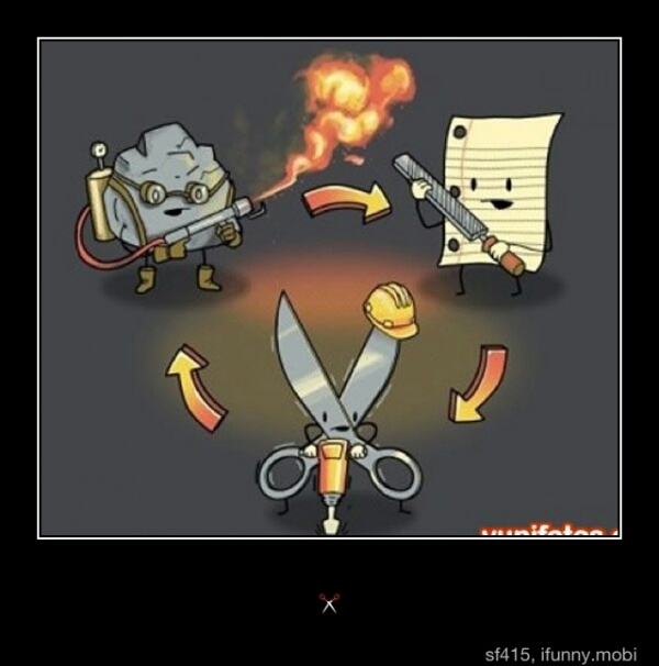 Rock uses flamethrower,Paper uses file,Scissors uses jackhammer - meme