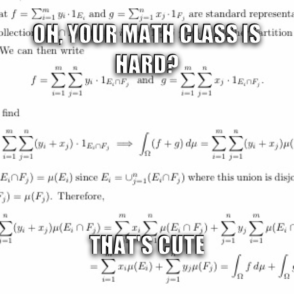 A sample of higher math. This is analysis 2, measure theory and Lebesgue integration. - meme