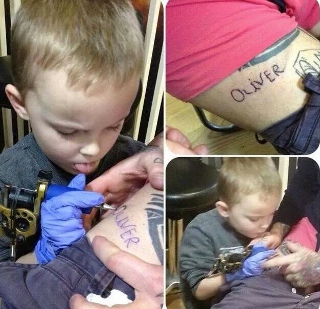 One brave man letting his son tattoo his name on him - meme