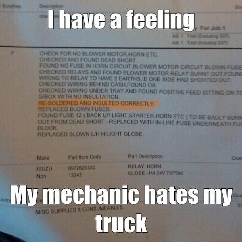 my mechanic hates my truck - meme